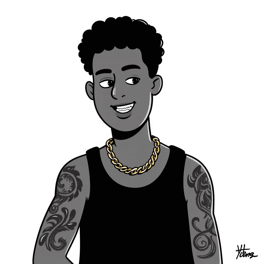 black man with tattoos, wearing a chain and grills emoji