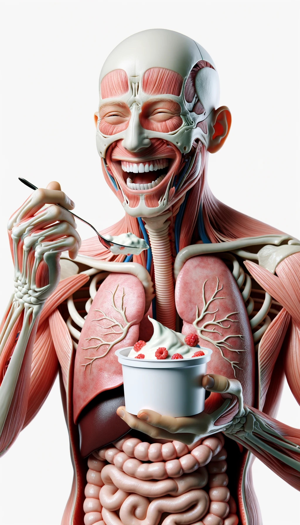 corpo umano anatomico con intestino in evidenza mentre mangia uno yogurt con espressione felice in volto, iperrealistico 4k, isolato su sfondo bianco emoji