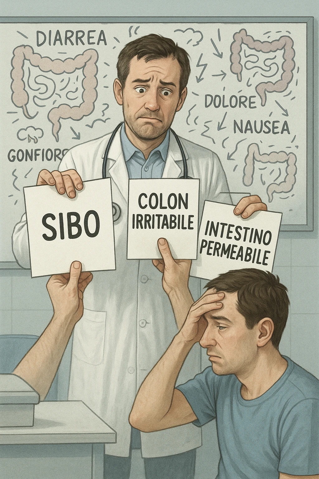 Scena clinica con un medico confuso in camice bianco davanti a un paziente seduto. Il medico ha tre fogli in mano, e li mostra uno alla volta con espressione incerta: il primo dice 'SIBO', il secondo 'Colon Irritabile', il terzo 'Intestino Permeabile'. Il paziente ha un’espressione confusa e scoraggiata, con una mano sulla fronte. Sullo sfondo una lavagna caotica con disegni di intestino e sintomi ovunque. Stile realistico con tocchi ironici, toni freddi da ambulatorio ma con un messaggio visivo forte di incertezza diagnostica. in italiano emoji