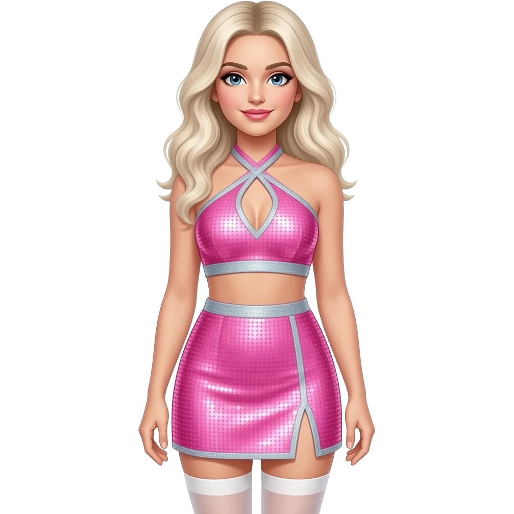 Sabrina Carpenter platinum blonde hair wears a vibrant light pink sequined two-piece set featuring a halter-style crop top with a pointed hem and a matching mini skirt with side slits. Both pieces are edged in silver glitter trim. She completes the high-glam stage look with sheer hosiery emoji