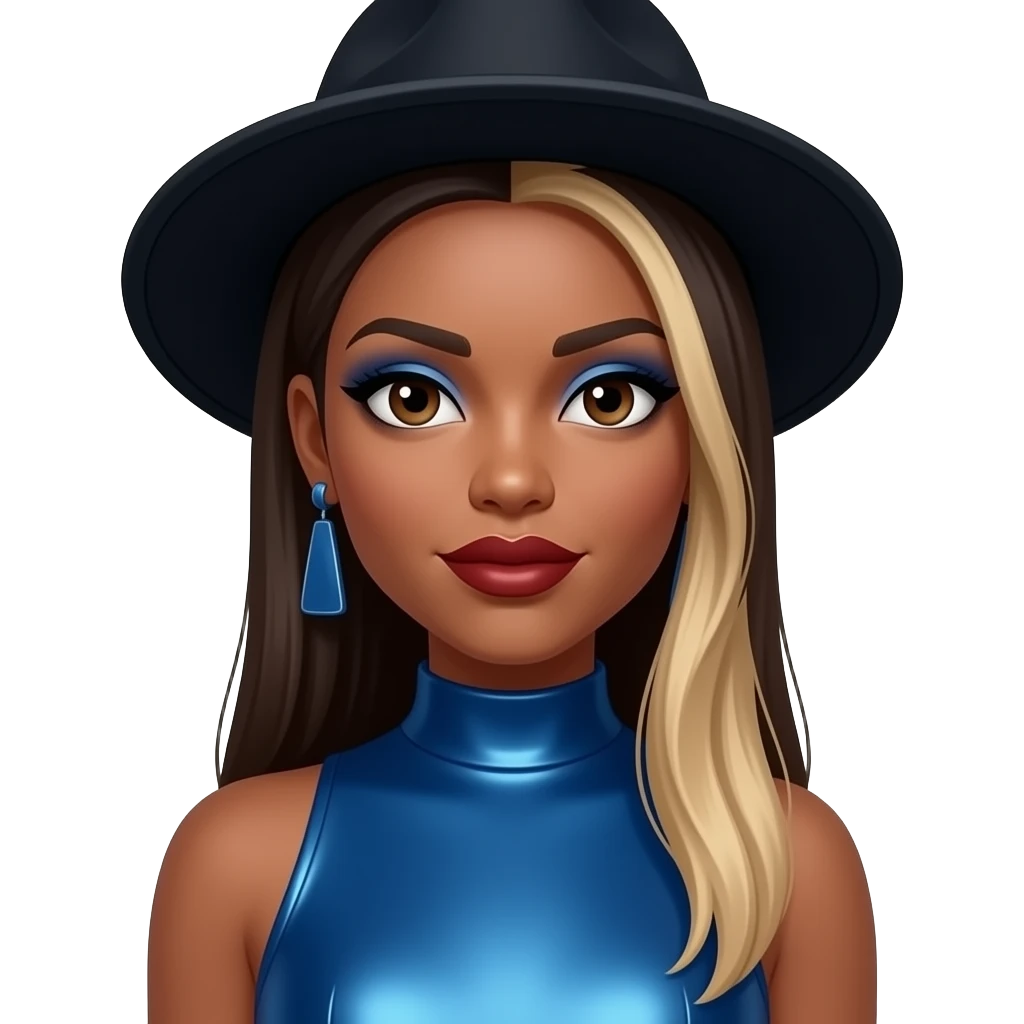 Natina Reed from Blaque with dark brown eyes, long dark brown straight hair with blonde ombre, black hat, blue eyeshadow, dark red lipstick, blue metallic high neck dress, earrings emoji