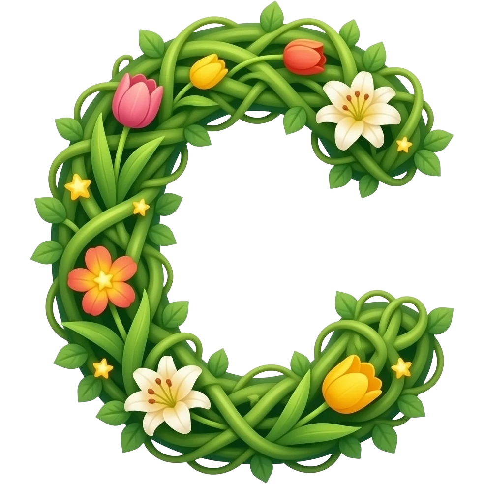 A letter 'C' formed from lush green vines shaped into small hearts. Vibrant tulips and lilies bloom from the letter, each flower center glowing like a tiny star. Dreamy atmosphere, hyper-realistic, soft pastel colors emoji
