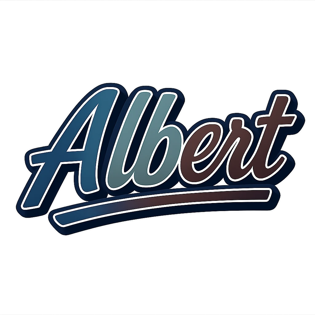 Albert name in modern, dynamic font with masculine gradient colors (blue, green, gray, dark burgundy, brown, dark blue shades), thin white outline, dark outer outline, underline, 1000x1000 px, PNG, transparent background, in the style of Péter sample image emoji