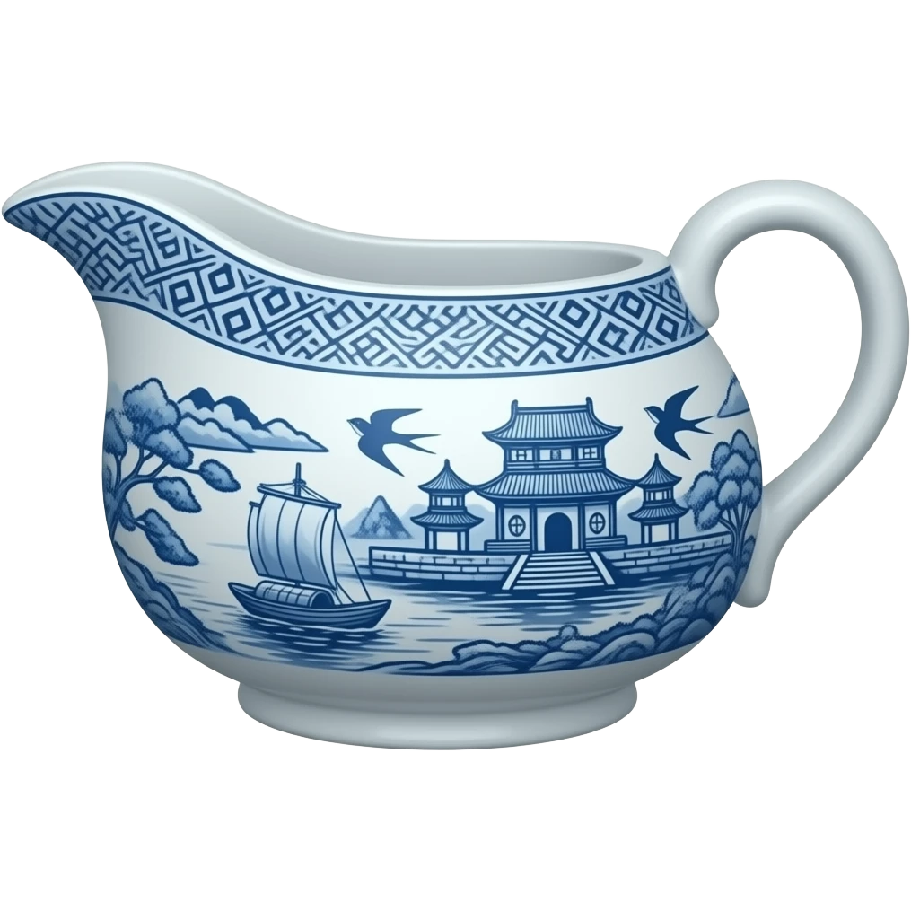 chinoiserie blue willow china pattern oblong no lid open gravy boat with a boat, pagodas and two swallows emoji