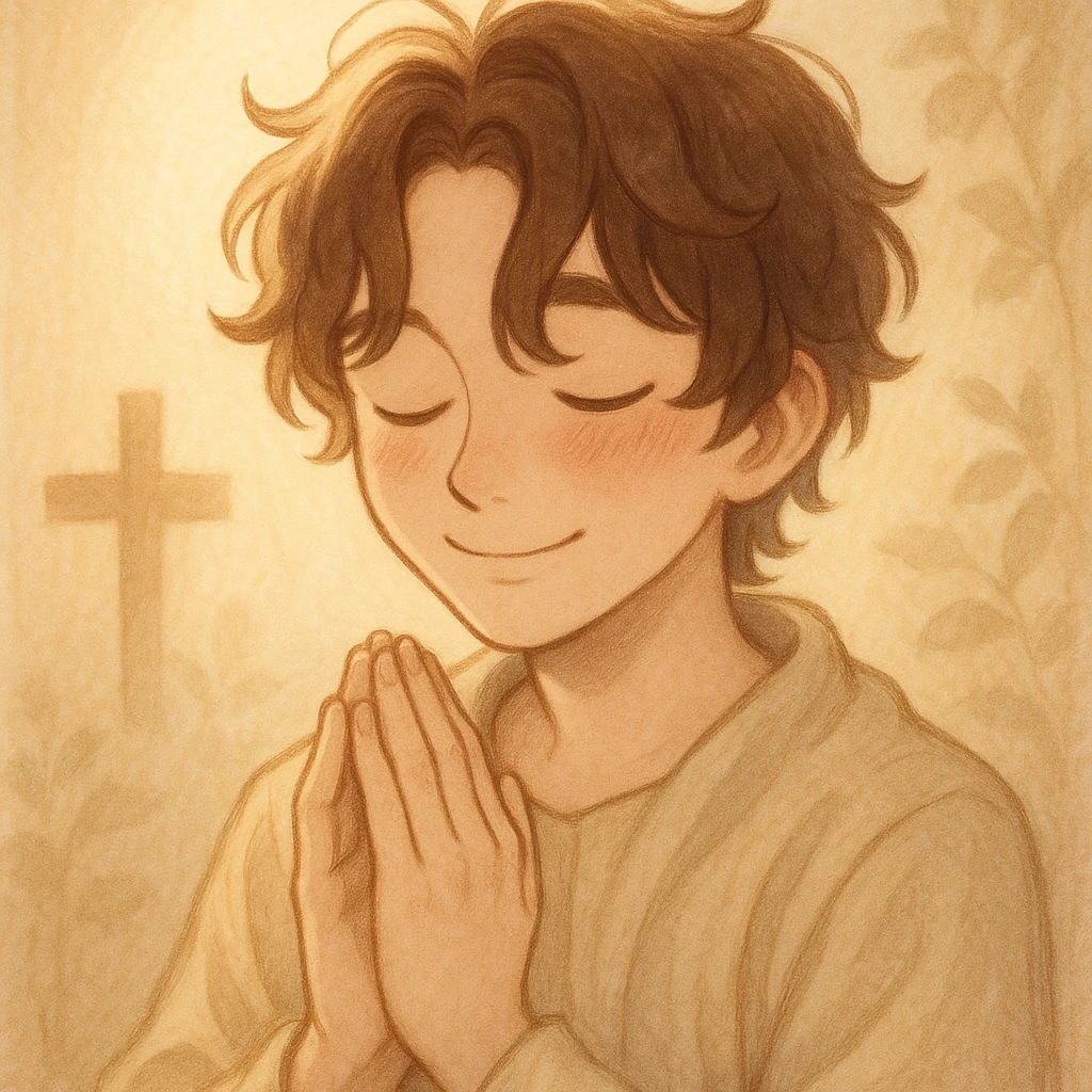 boykisser character praying, eyes closed, smiling, focus on gentle and peaceful expression emoji