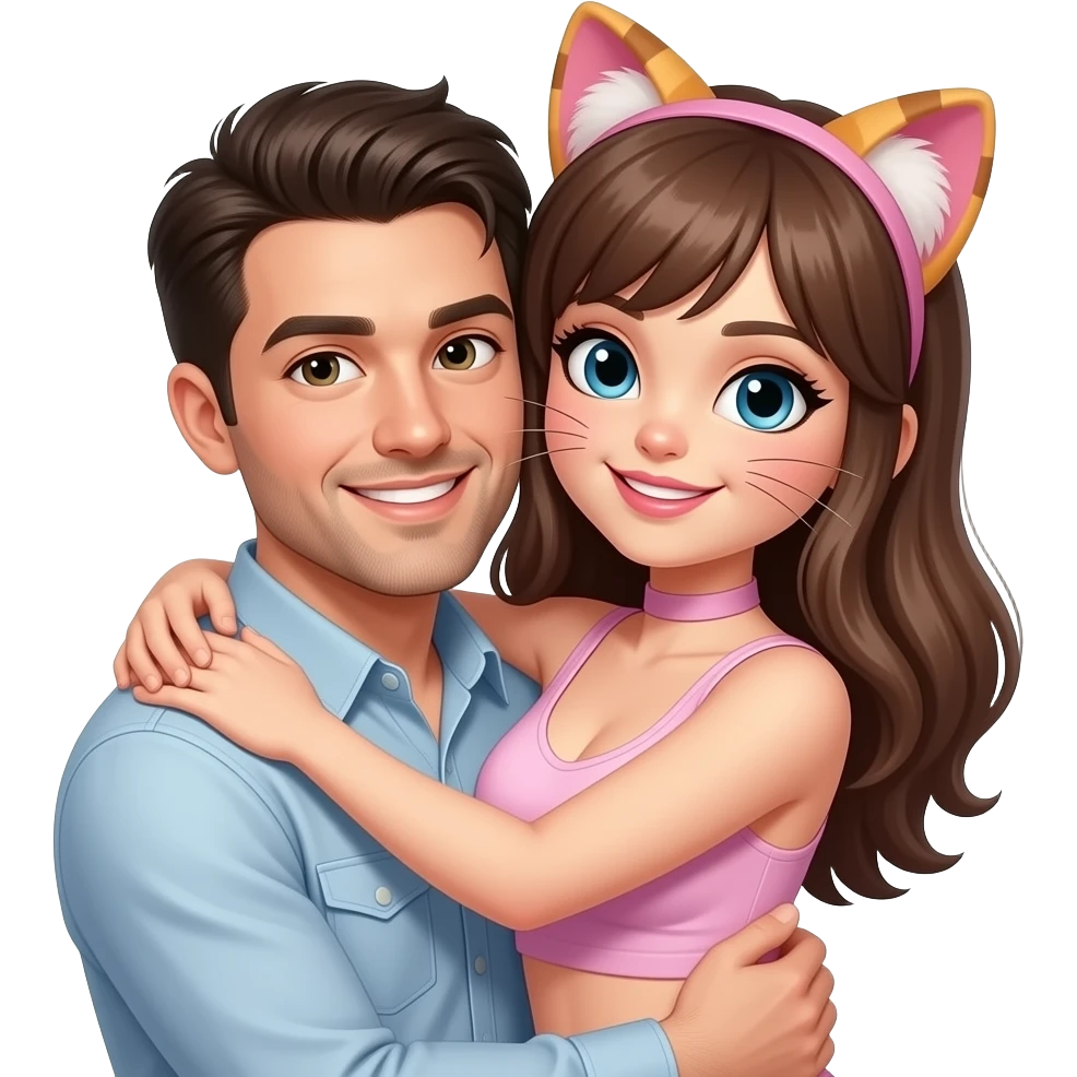 A guy is hugging a sexy, cute, nasty cat costume girl emoji