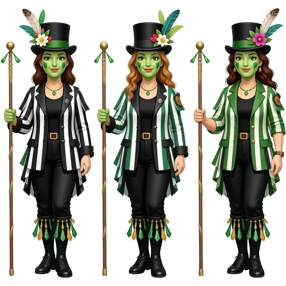 Female Morris dancers carrying a stick with a ragged jacket in black white and green stripes with the occasional piece of sparkly fabric. A top hat decorated with feathers and flowers and green face paint.. emoji