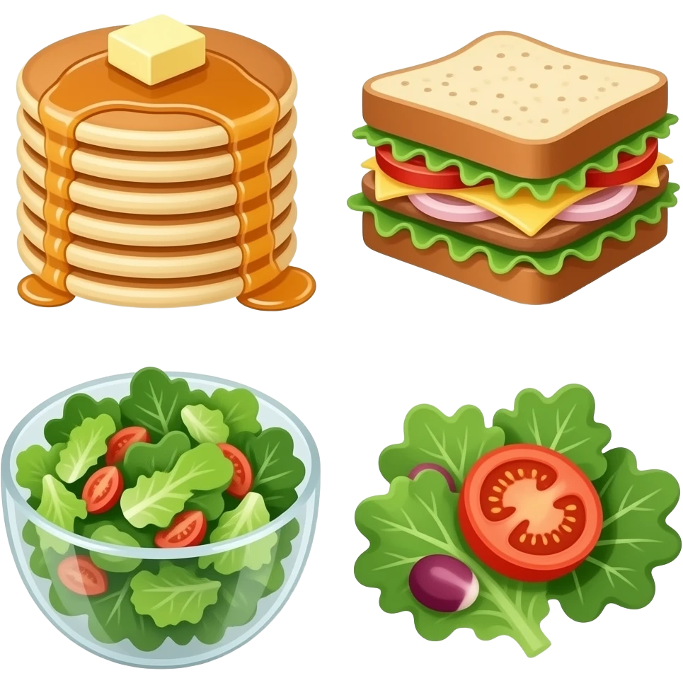 Pancakes, sandwich, and salad emoji