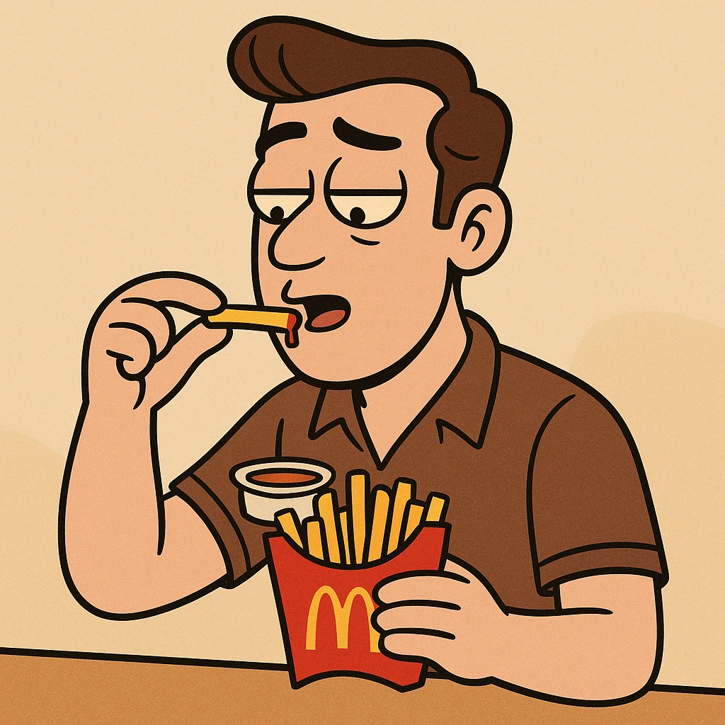 Side oil head brown shirt beige shirts  eating mcdonalds fries some sauce emoji