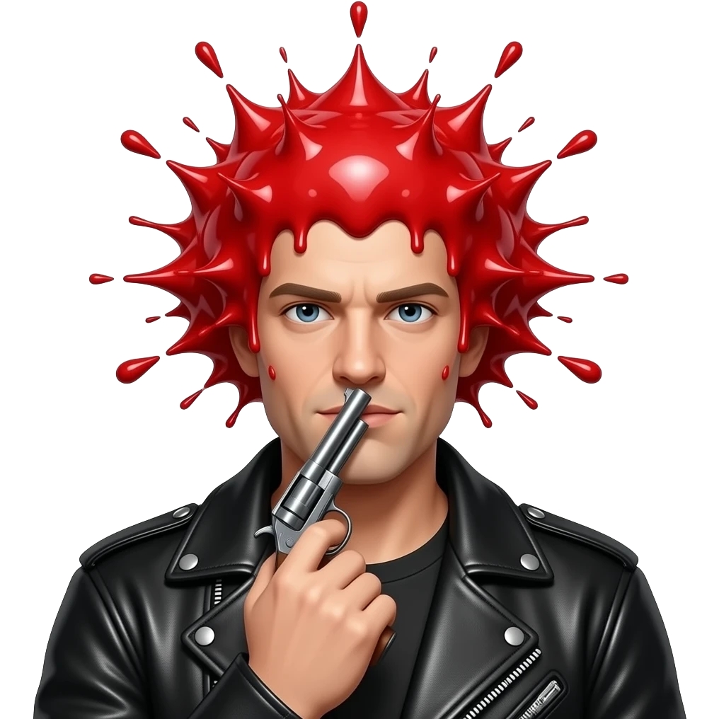 A white guy with a black jacket, his head is completely gone and replaced with a red liquid explosion completely covering his head, with a shotgun pointed up under his chin emoji