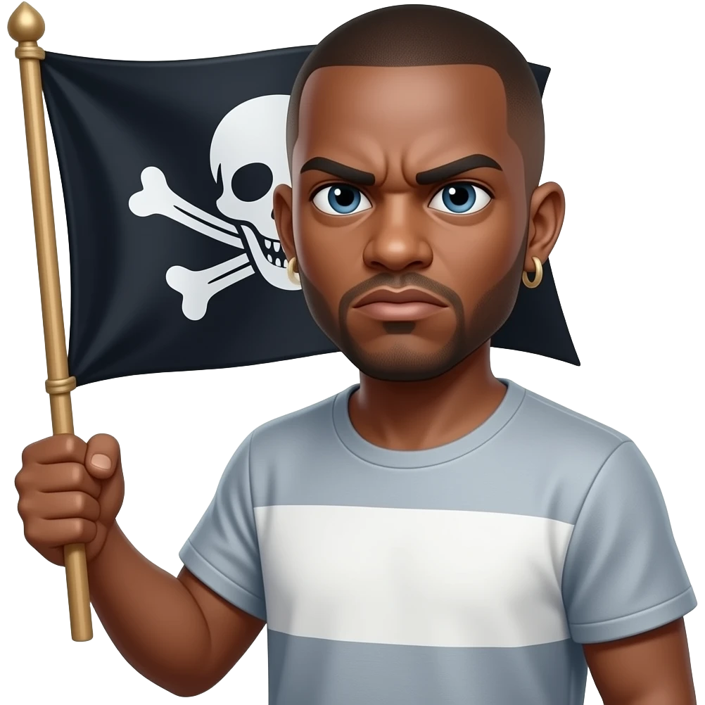 french rapper booba very ressemblant real bald head and no opaque beard et angry eyebrows et unkut teeshirt holding the pirate flag emoji