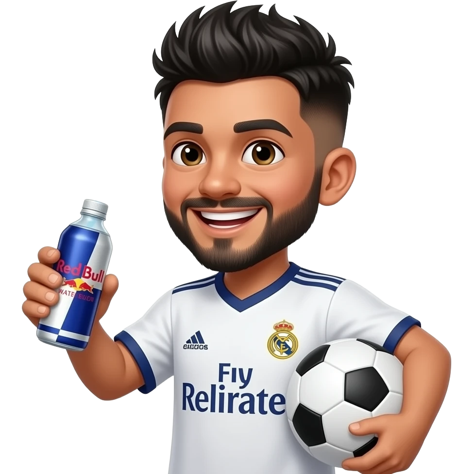 Laughing Boy with a European soccer ball, in Real Madrid jersey Indian young boy with a lightly trimmed beard and side fade with messy spike hairstyle, drinking redbull watermelon flavor, hair and beard color is black emoji