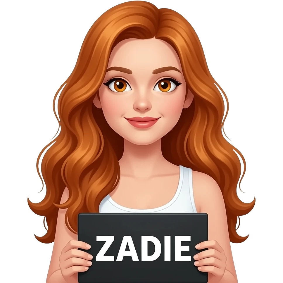 sexy girl with long wavy ginger hair and ginger eyes wearing a white tanktop is holding a black colored sign with ZADIE written on it emoji