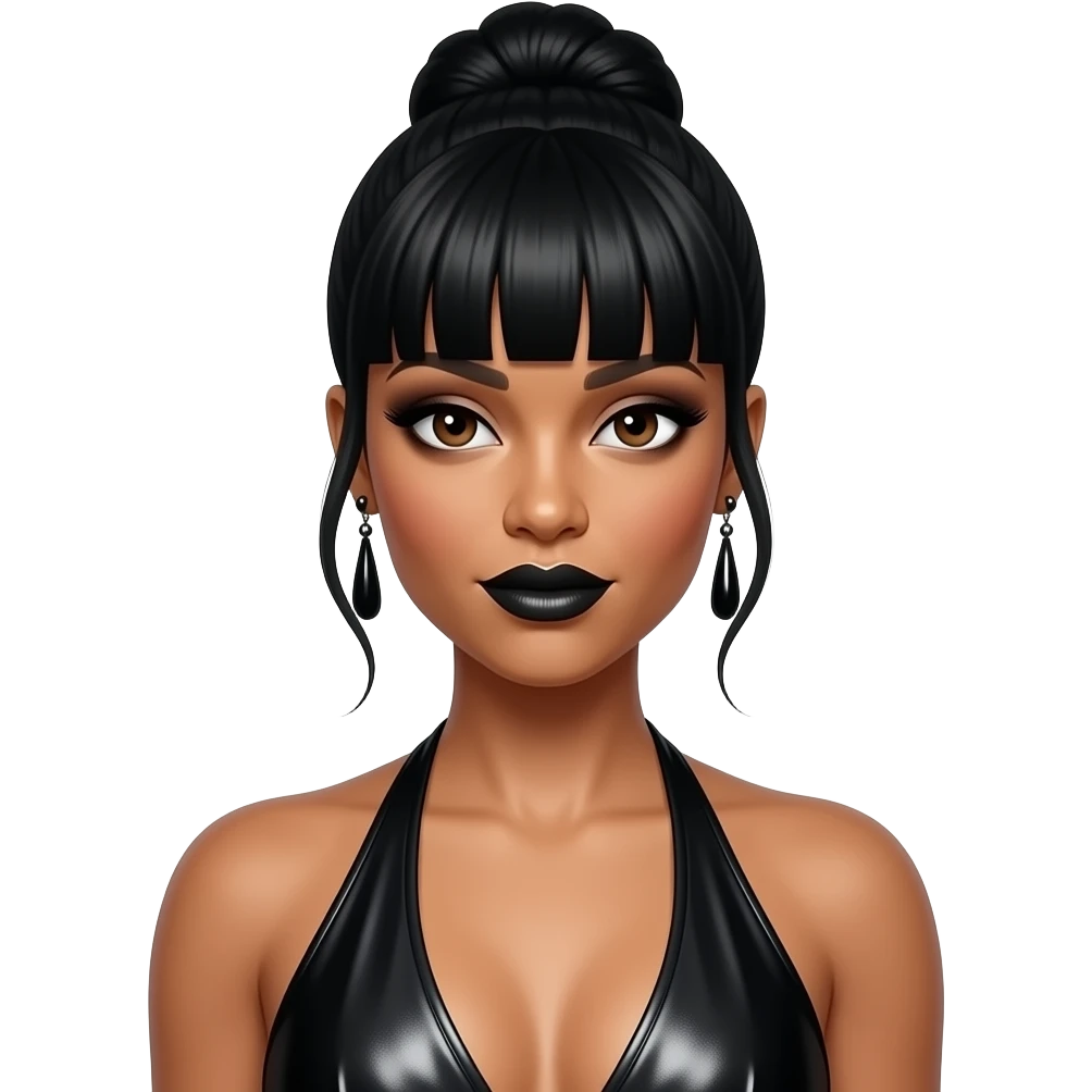 LeToya Luckett from Destiny's Child with dark brown eyes, long black bang hair with updo back, black eyeshadow and lipstick, black metallic halter dress, earrings emoji