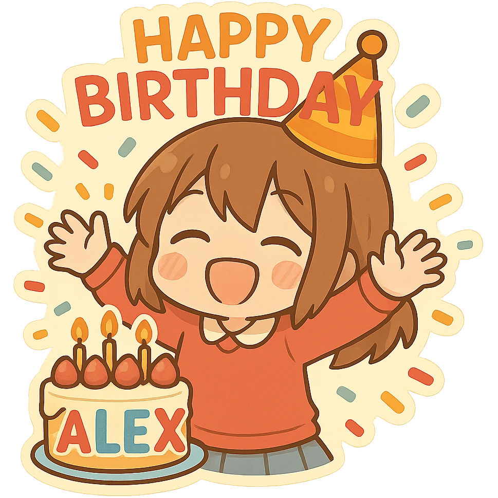 Add the name 'Alex' to the cake in a festive and colorful style, keeping the chibi sticker style with no background. emoji