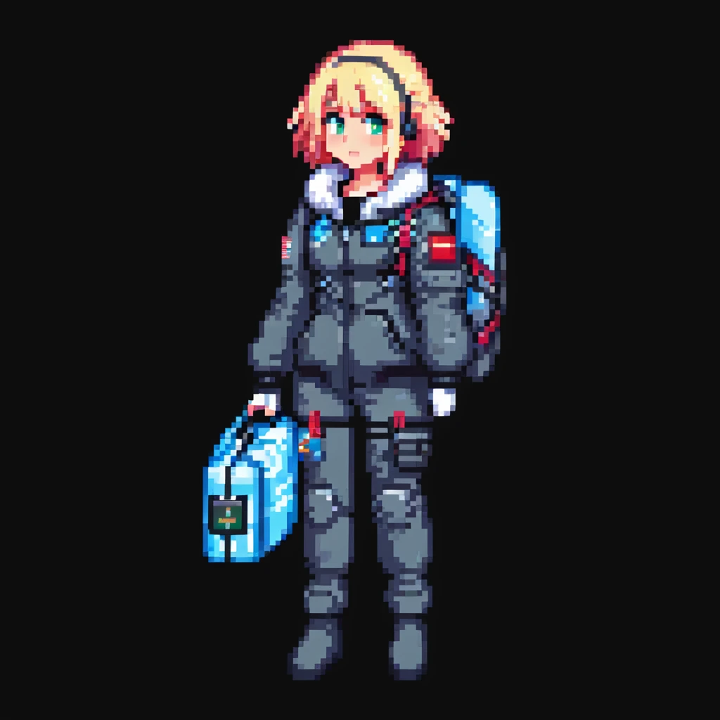 1 female, a vtuber in a cryo suit with a flight jacket, holding a medpack - SNES box art image - cutscene graphic 3/4 side perspective emoji