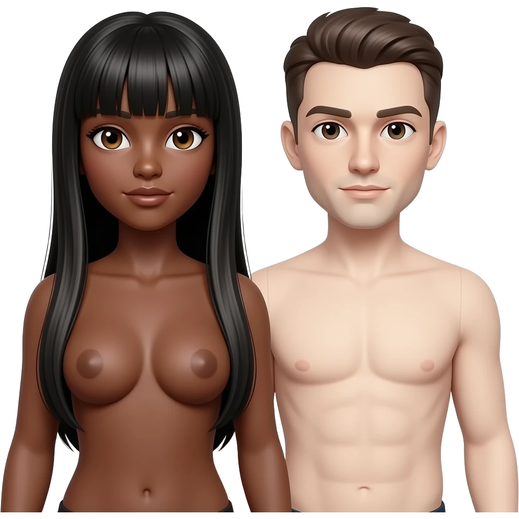 Light skinned black sex doll with straight long length hair and a side part with her nude boobs out no bra full length body and brown eyes with white man sex doll full cock emoji