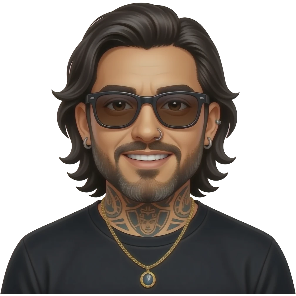 The handsome manly Latino podcast host with medium length hair, a long slightly graying beard and tattoos with his ears pierced 1 time each ear and a nose ring on the right side, dark brown eyes, wearing black, dark sunglasses, and jewelry, on drugs emoji