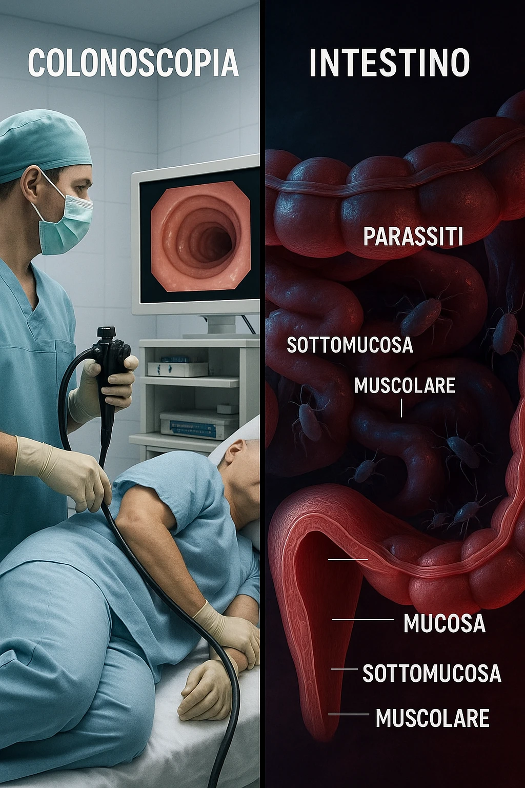 A split-screen medical illustration in cinematic style: on the left side, a doctor performing a colonoscopy on a patient in a sterile clinic, with the endoscopic camera displaying clean, healthy mucosal surfaces on a screen. On the right side, a symbolic cross-section of the same intestine — but shown in deeper layers beneath the surface, where parasitic organisms (small, translucent or shadowy figures) hide between folds and tissues not visible via standard scope. The contrast is clear: what is seen vs. what remains hidden. Lighting on the left is bright, sterile, clinical; lighting on the right is darker, with red and blue tones to suggest inflammation and invasion. Shot in hyper-realistic 3D medical style, educational but emotionally charged IN ITALIANO emoji