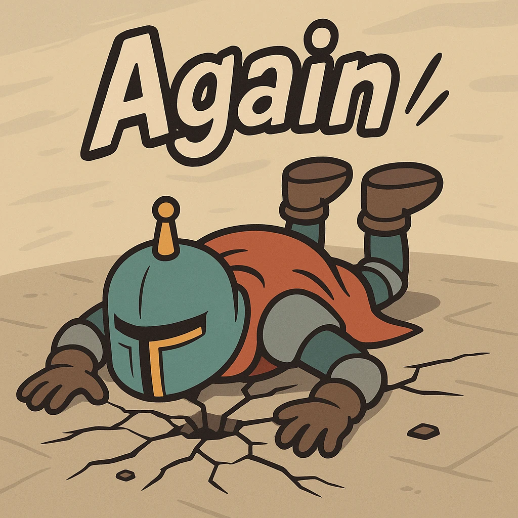 Jump King face-down after a fall, floor cracked, the word 'Again' in dramatic, energetic text emoji