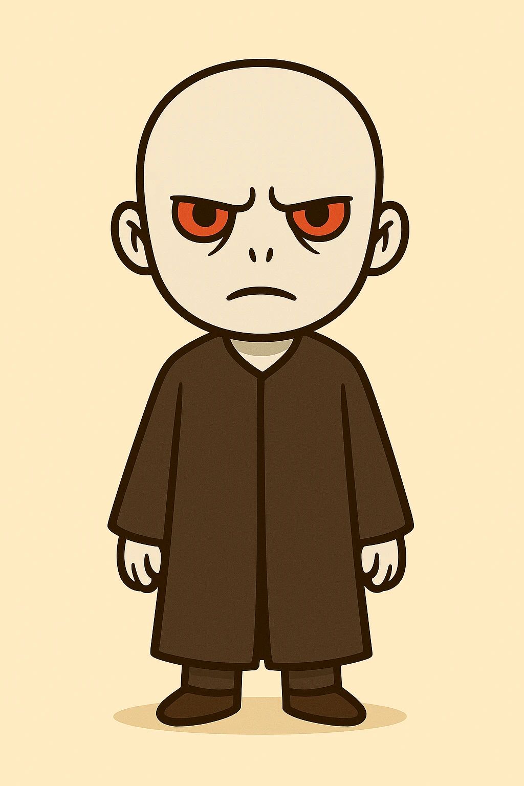 Full body illustration of Voldemort in a cute, cartoon, and simplified style similar to the provided examples. Very pale skin, no nose, striking eyes, long black robe, serious expression, with bold black lines and soft colors. emoji