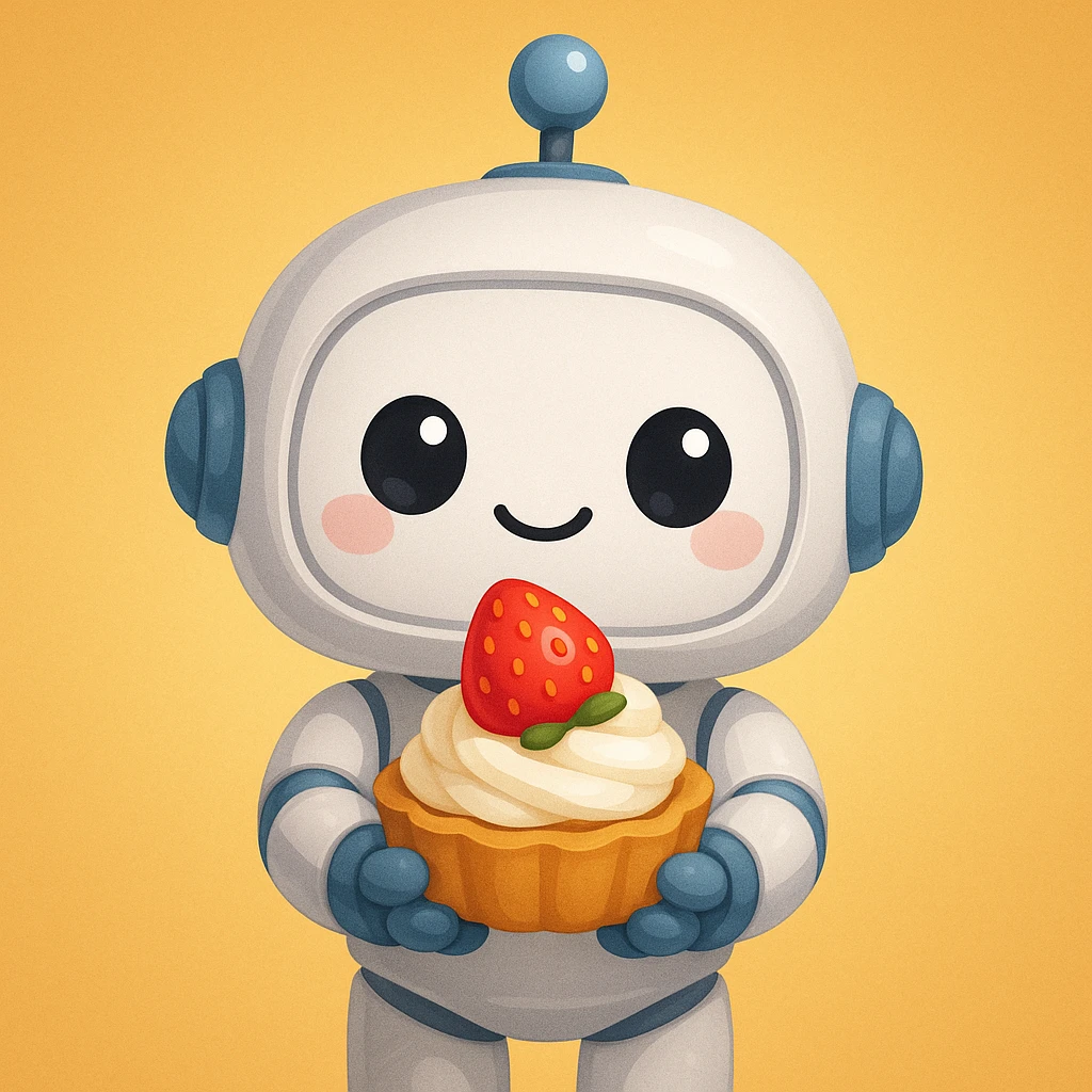 The cute robot is holding dessert in its hands, emoji emoji