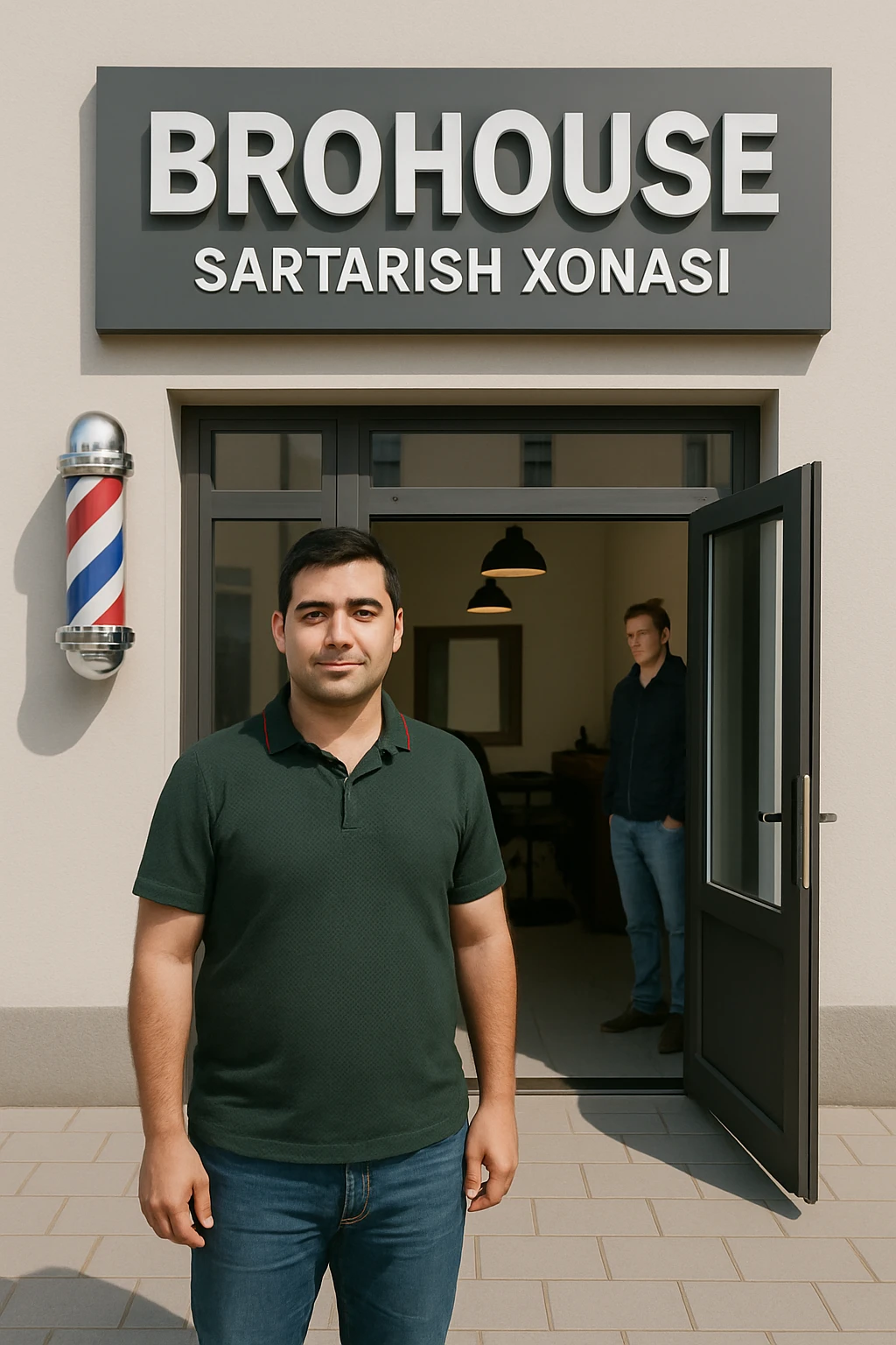 eni shu rasimga manashu odamga uxhshasin sartaosh eshik oldida tursin va tashqarida esa mijoz emoji