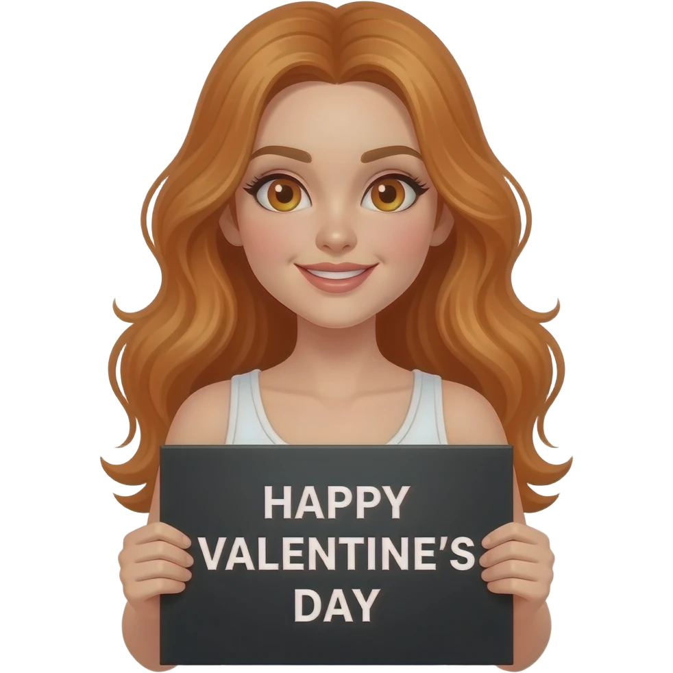 sexy girl with long wavy ginger hair and ginger eyes wearing a white tanktop is holding a black colored sign with HAPPY VALENTINE'S DAY written on it emoji
