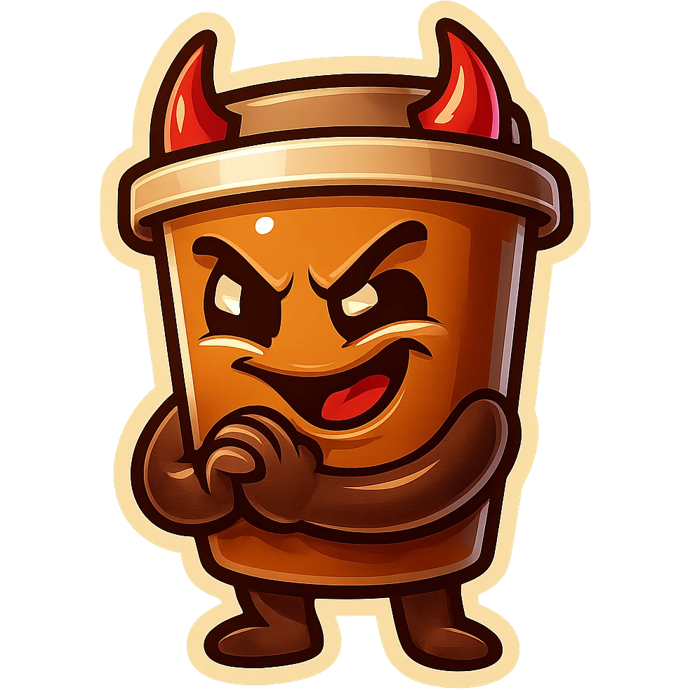 Tall coffee cup, devil horns, smirking, evil, rubbing hands together, laughing emoji