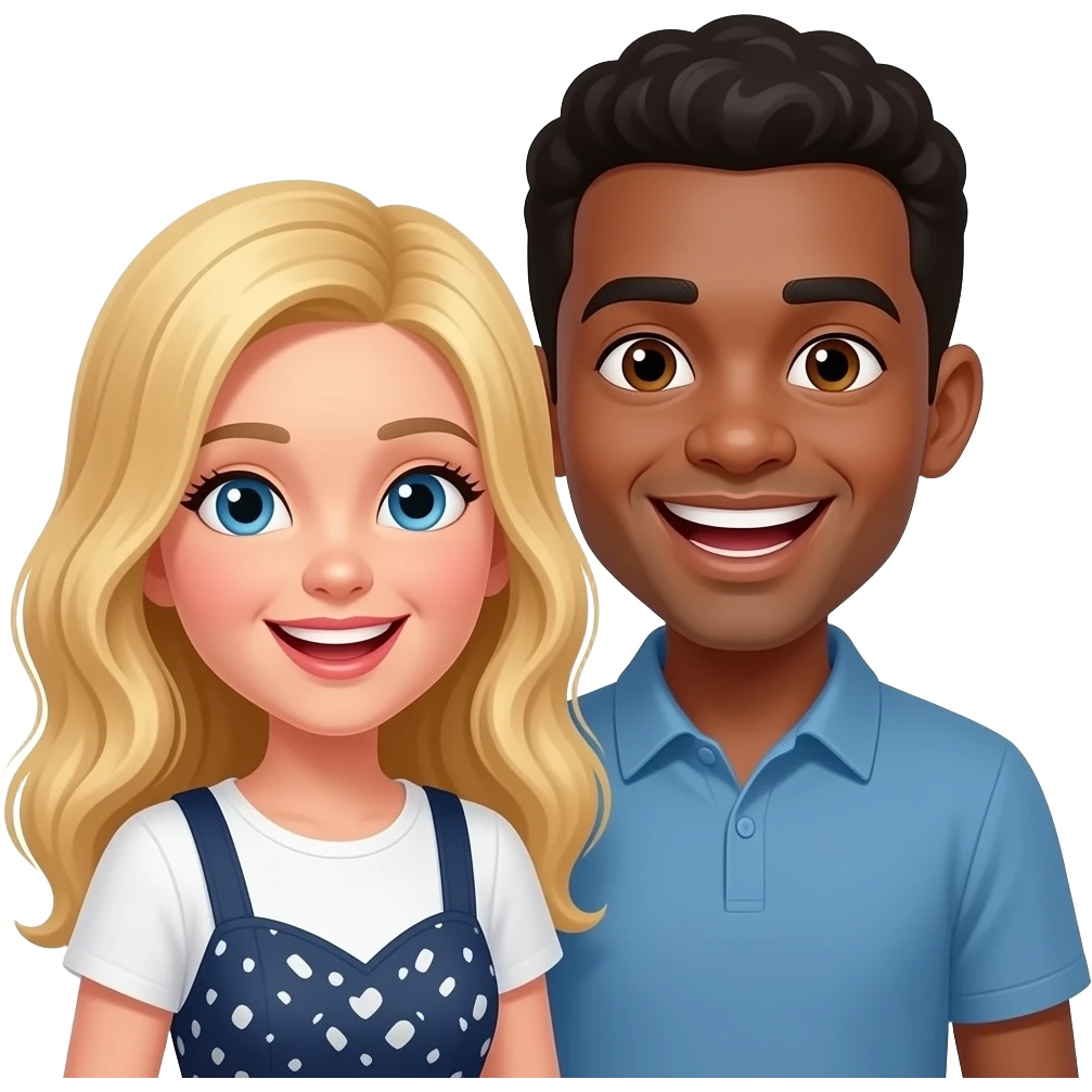 Blonde girl with blue eyes  tattoos wearing a dress and African American man with black hair with brown eyes  having fun together emoji