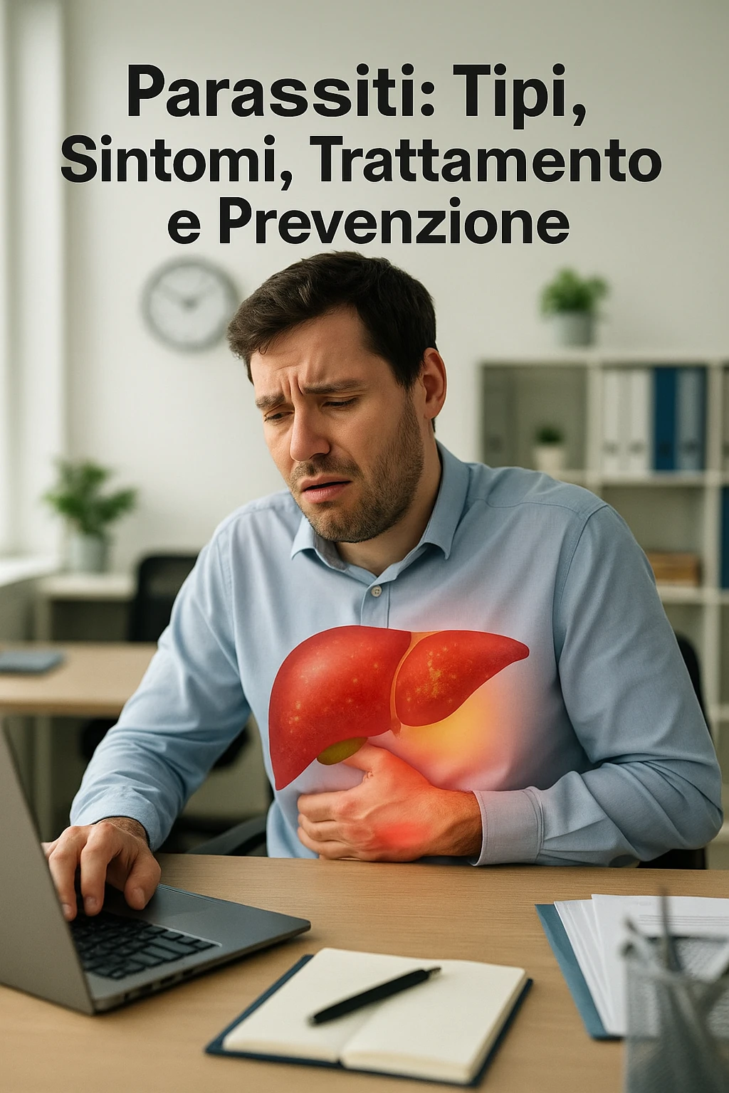 Man sitting at office desk experiencing subtle symptoms of liver dysfunction, upper abdominal pain, nausea, and unexplained fatigue Parasites: Types, Symptoms, Treatment & Prevention, expression of confusion about vague health issues, liver shown in transparent overlay with early inflammation, toxins beginning to accumulate in bloodstream, productivity declining as liver struggles to filter properly in italiano emoji