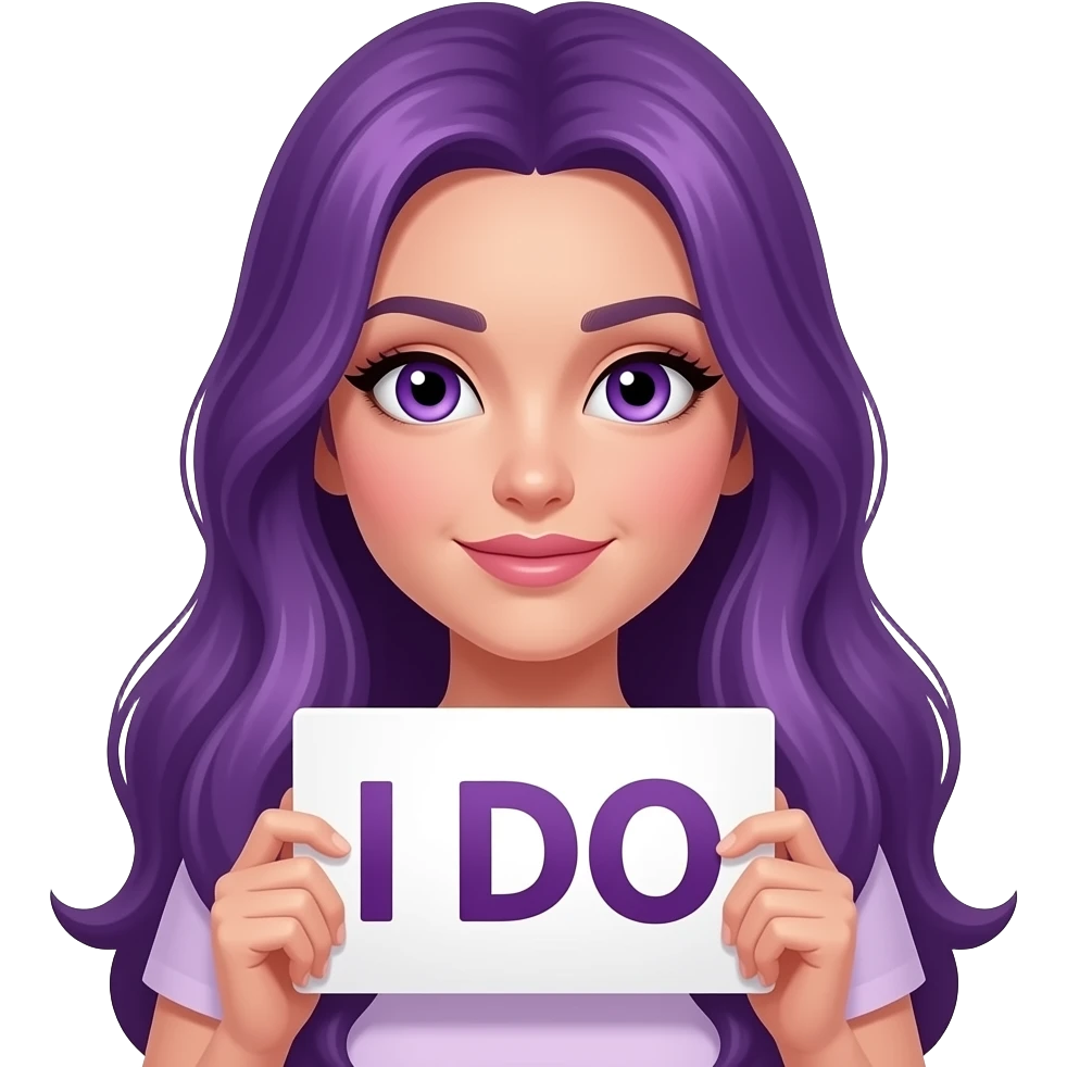 sexy girl with long purple hair and purple eyes holding a I DO sign emoji