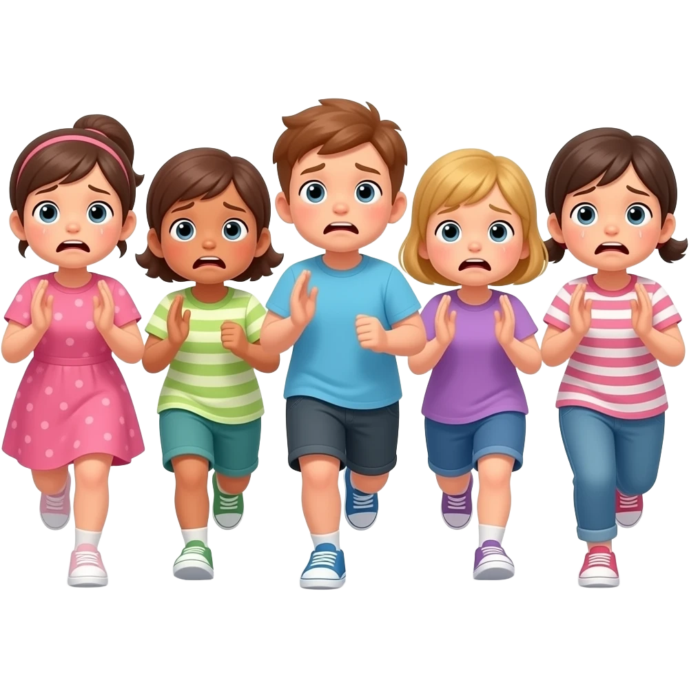 5 NIÑOS CORRIENDO Y PIDIENDO PERDÓN. COMO ASUSTADOS. PARECE QUE NO ESTAN MUY TRISTES. LOS NIÑOS COMO SI TUVIERAN 150 KG emoji