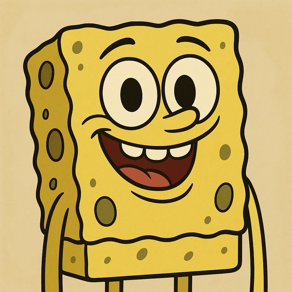 cartoon-style smiling sponge with big eyes, bright yellow, simple background emoji