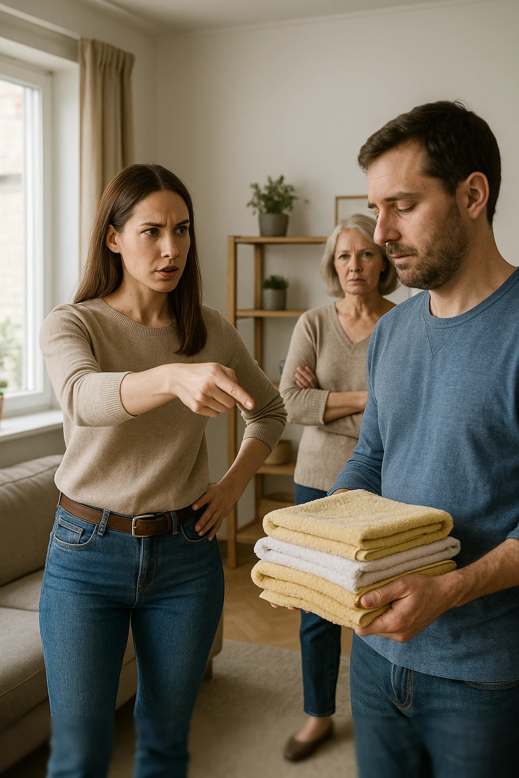 a woman stands assertively in the center of a living room, giving clear instructions to her partner. The man, with a submissive and resigned expression, follows her directions, perhaps holding household items or performing a chore. Behind them, an older woman (the mother-in-law) stands with crossed arms and a disapproving look, watching the scene unfold. The lighting is natural, and the atmosphere is tense but realistic. emoji