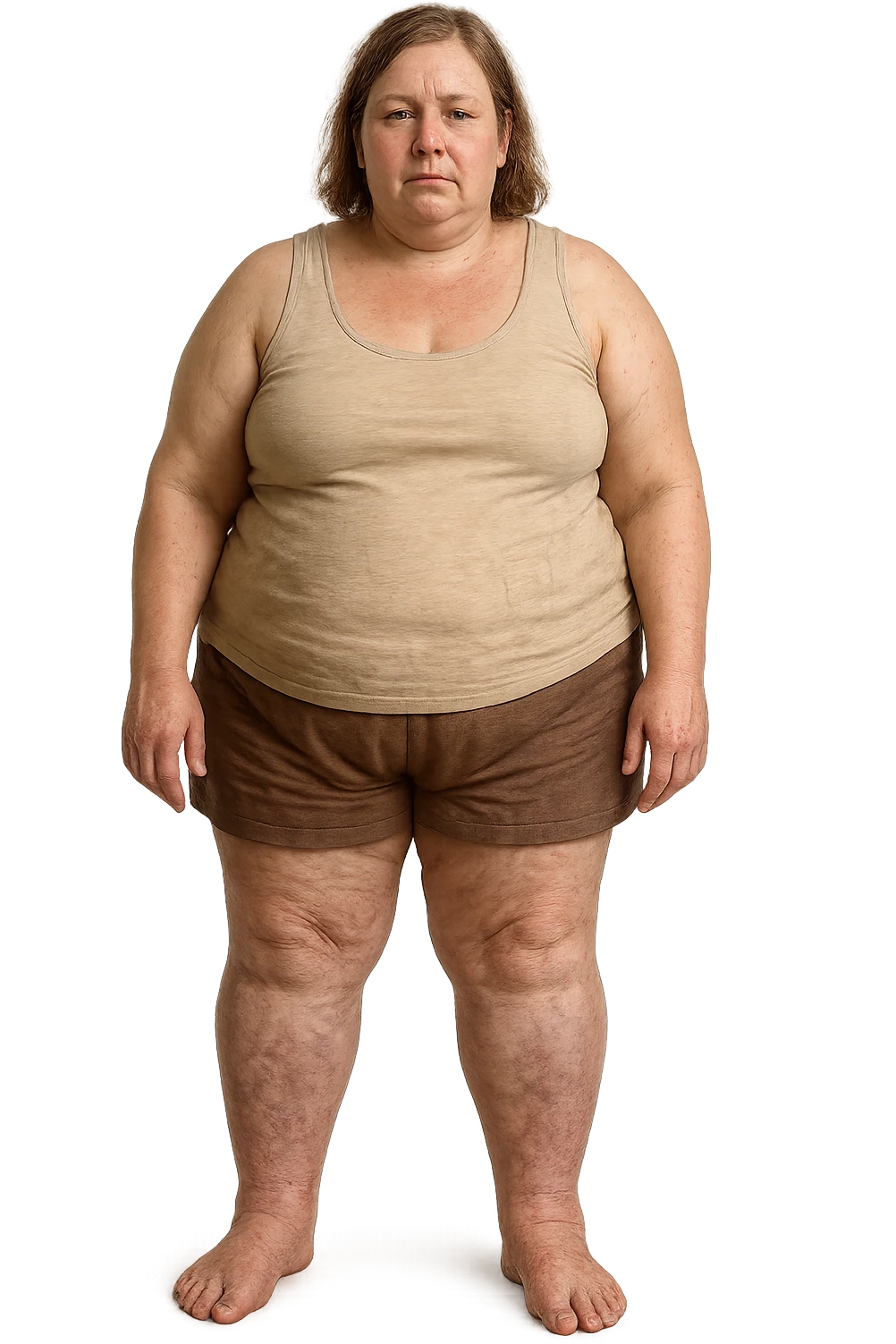 donna realistica leggermente in sovrappeso con vene visibili sulle gambe e gambe gonfie, iperrealistica 4k, IPERREALISTICA 4K emoji