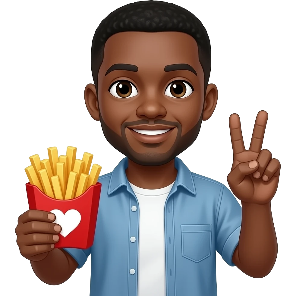 Black guy holding fries and a peace sign emoji