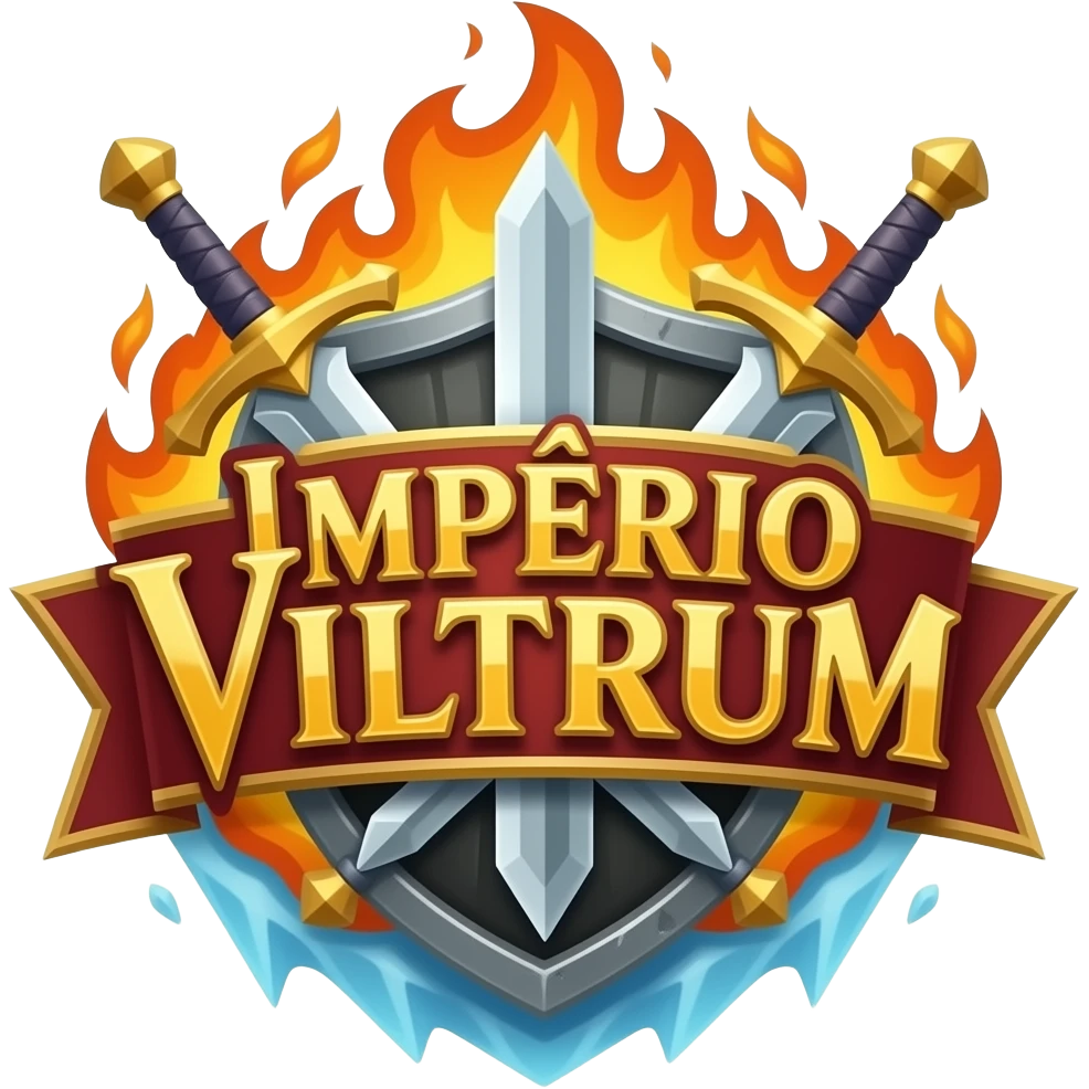 logo para guilda de rpg escrito IMPÉRIO VILTRUM com espadas de magia, ao redor da logo com fogo e gelo emoji