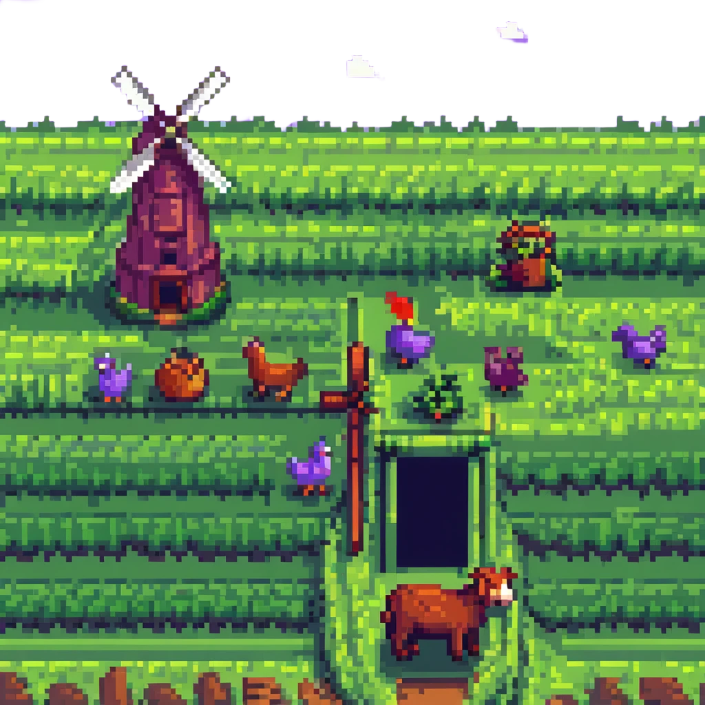 medieval farm pixel art style, barn, windmill, pixelated animals, green field emoji