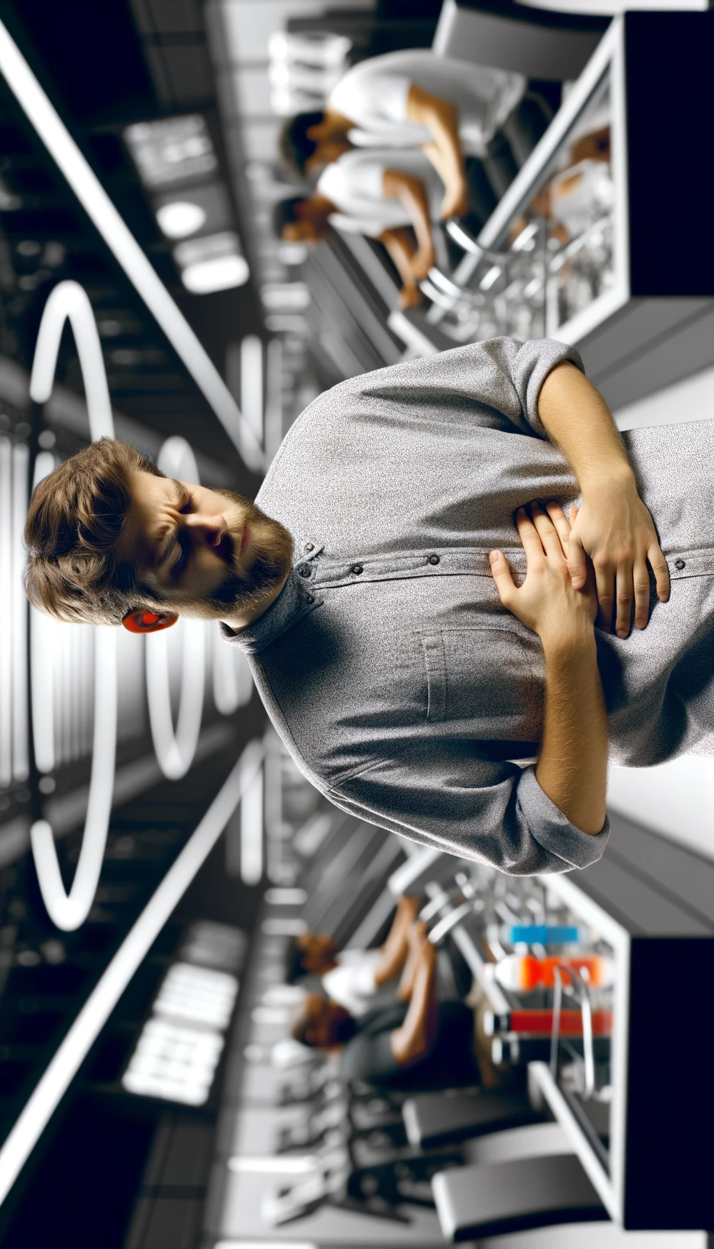 UOMO IN PALESTRA LEGGERMENTE SOVRAPPESO, SI TOCCA LA PANCIA CON ESPRESSIONE DISPIACIUTA IN VOLTO, iperrealistico 4k emoji
