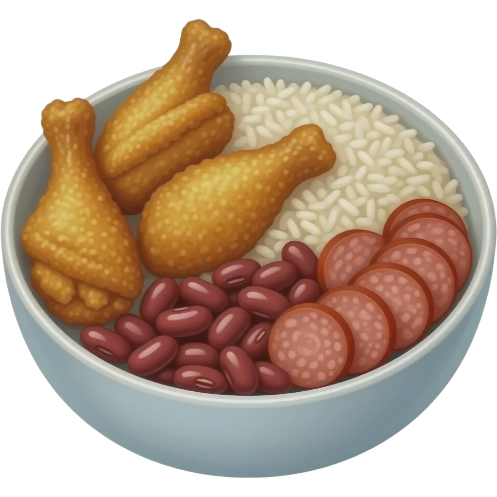 iOS style Bowl of Fried chicken wings, a scoop of white rice, and red beans with sliced sausages emoji