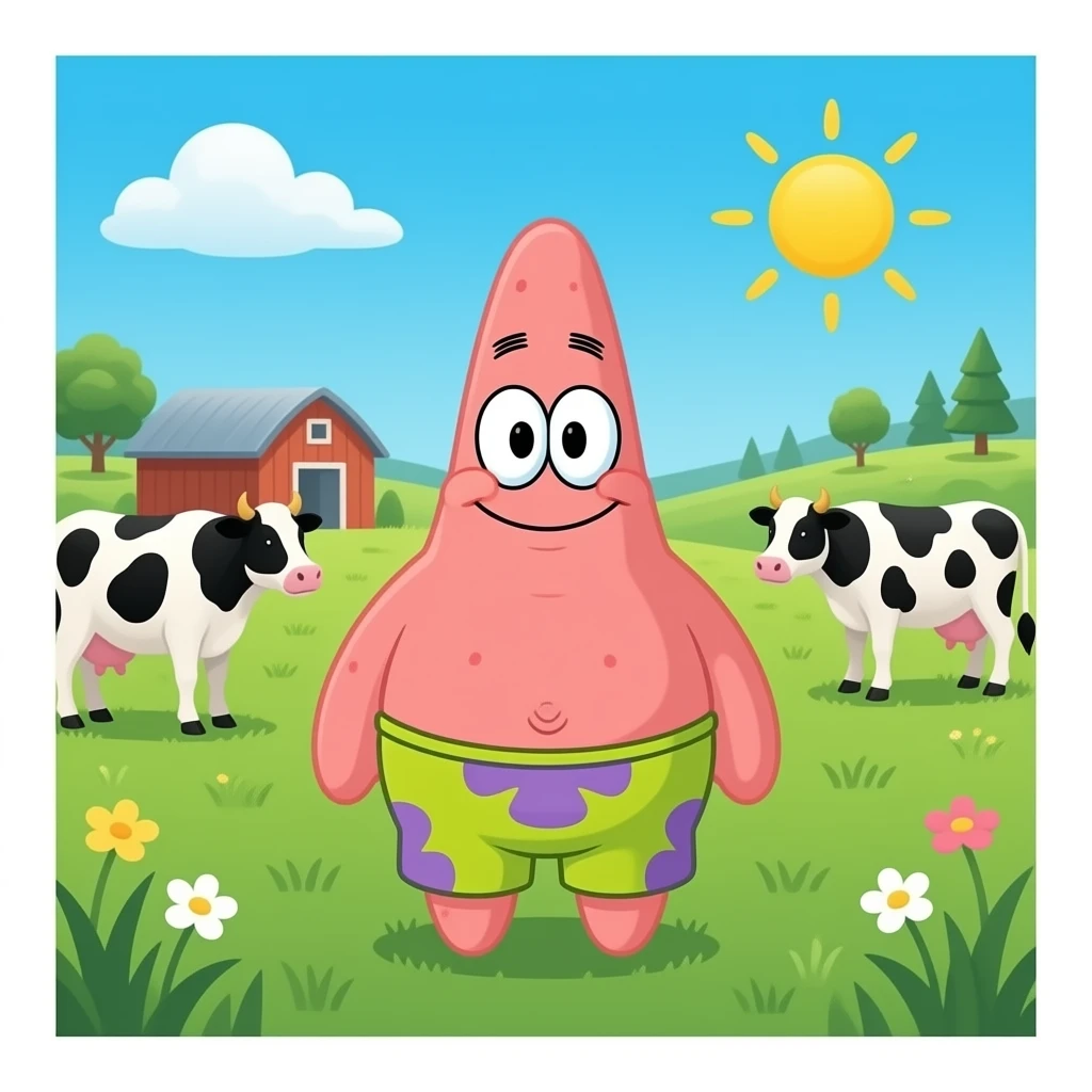 Patrick Star (SpongeBob SquarePants) full body and Cow/ Farm background on it emoji