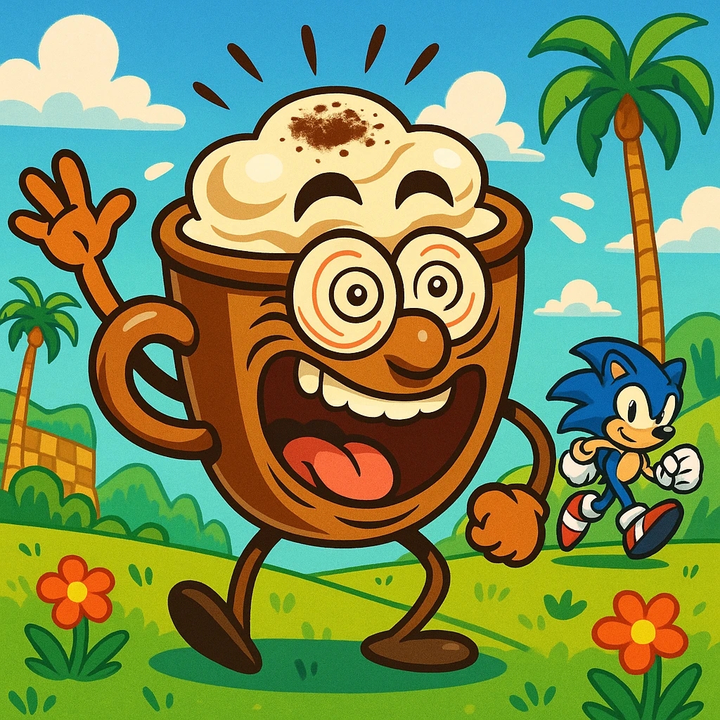 An Italian cappuchina character with a brainrot expression, Sonic the Hedgehog in the distance, lively and humorous scene, vibrant and fun. emoji