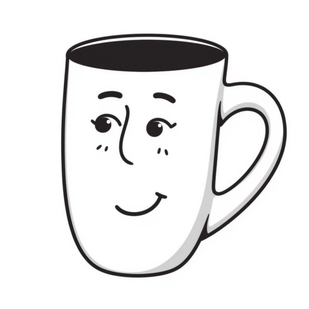 coffee mug with a cute face, hand drawn doodle style, cute face emoji