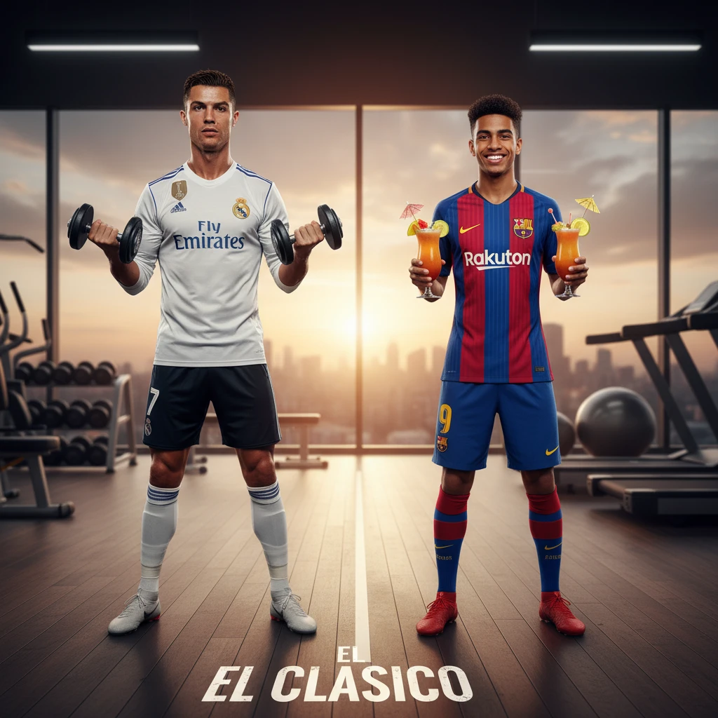 Криштиану Роналду в футболке Реала стоит с гантелями слева. А справа стоит Ламин Ямаль в форме Барселоны и с коктейлями в руках emoji