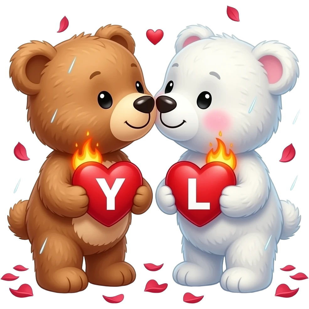 I want one light brown bear teddy kissing on cheek white bear teddy both holding heart , both a little furry, the  white bear blushes and smiles , add letter Y to the heart of the brown bear and letter L to the heart of the white bear , raining rose petals , hearts on fire emoji