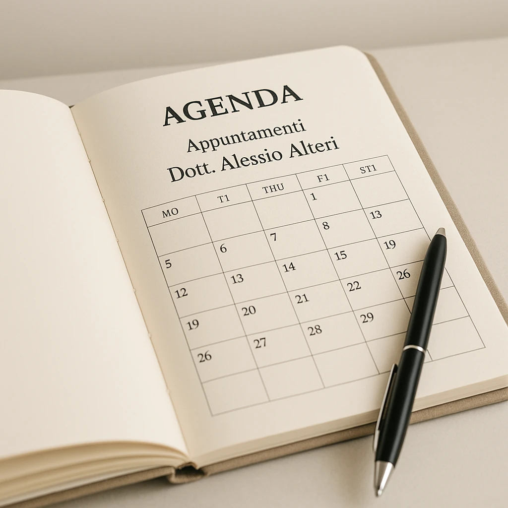 realistic agenda with calendar and the text 'Appuntamenti Dott. Alessio Alteri' clearly visible, bright environment, neutral background emoji