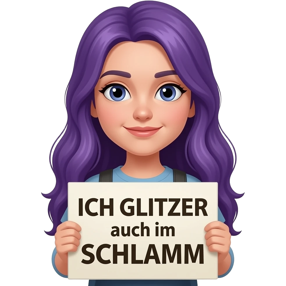 girl with long purple hair holding a ICH GLITZER auch im SCHLAMM sign emoji