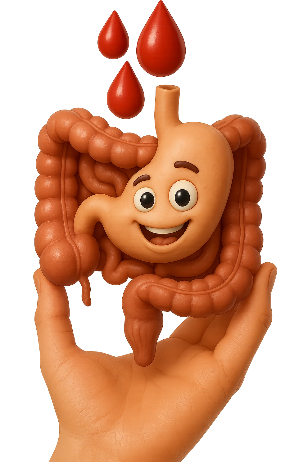 emoji stile iphone 3d di stomaco e intestino collegati verticalmente con 3 gocce di sangue 3d in mano, iperrealistiche 4k emoji