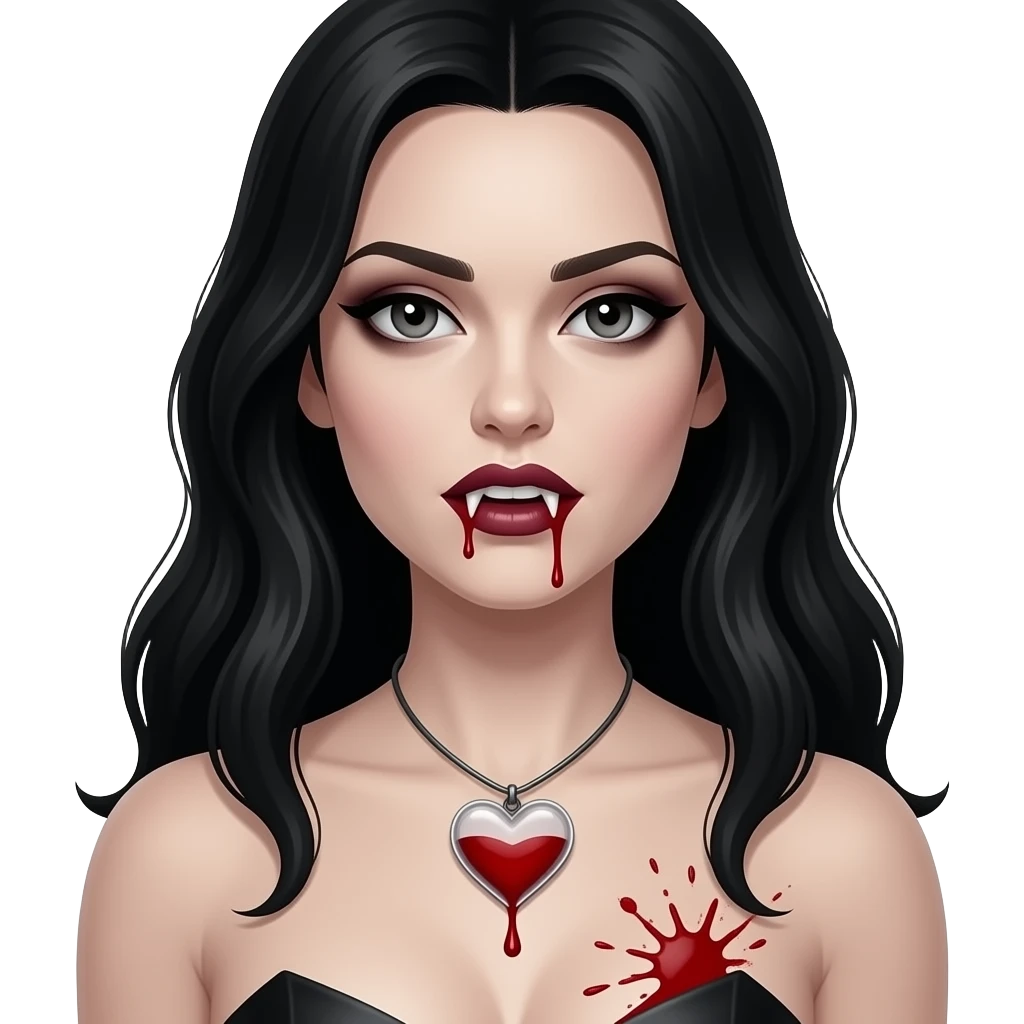 Quero uma mulher igual a personagem katherine Pierce  soq mais gótica e em forma de vampira com um colar de coração simples transparente com sangue lá dentro e sangue em suas presas e borrife sangue perto de seus seios emoji
